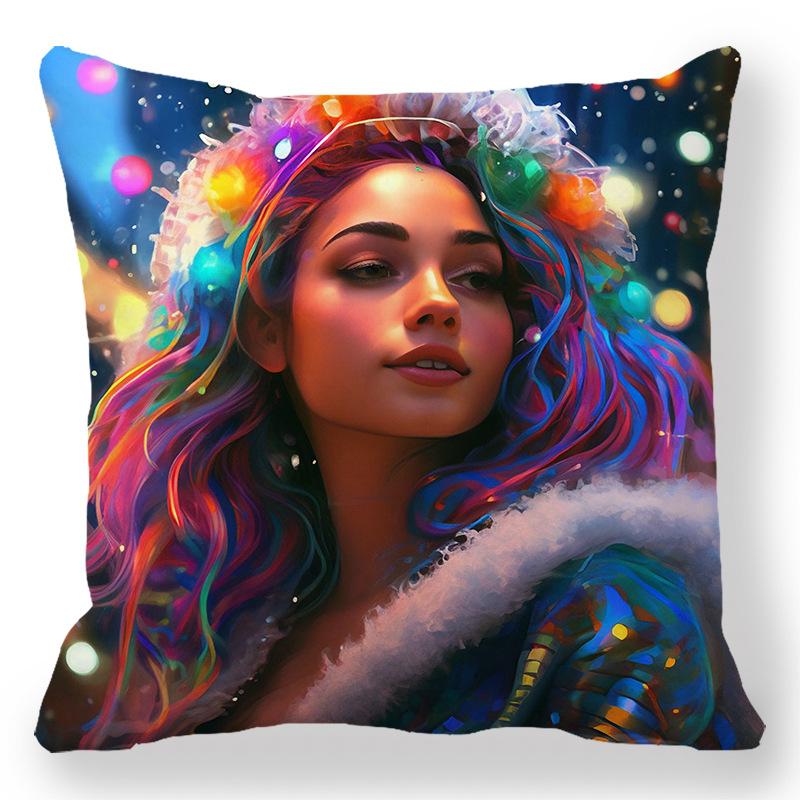 Christmas Cartoon Oil Painting Theme Digital Printing Short Plush Pillow Covers For Car Sofa Office Cushion Cover Home Goods