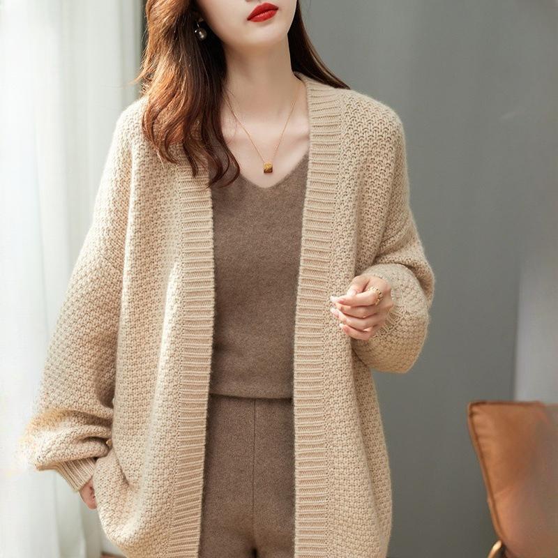 Autumn Winter Women's French Retro Style Thick Thread Knit Sweater Cardigan Loose Mid Length Coat Casual Versatile