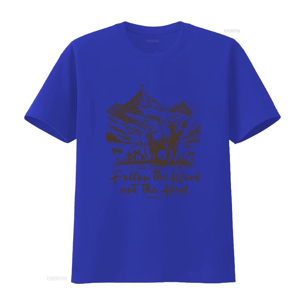 Vintage Western Christian Follow The Word Slogan Mountain Cross Cow Print Casual T Shirt Vintage Washed Versatile Graphic