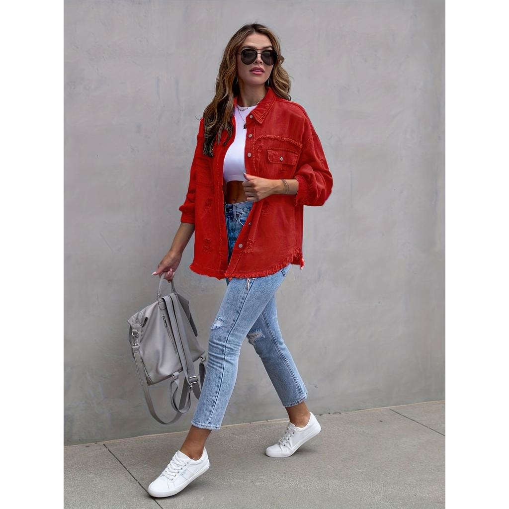 Denim Jacket Women Solid Color Loose,Jacket Hole Breaking Long Sleeve Women's Denim Shirt