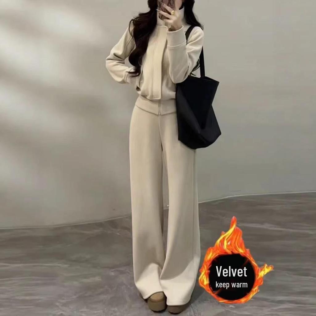 Women's Fleece-Lined Two-Piece Sports Suit - Thickened Stand Collar Cardigan & Wide-Leg Pants for Autumn & Winter