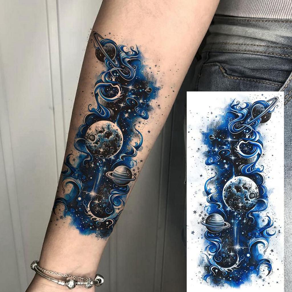 1 Sheet 3D Watercolor Universe Planets Temporary Tattoos For Men Women Long Lasting Waterproof Fake Tattoo Sticker Body Arm Art