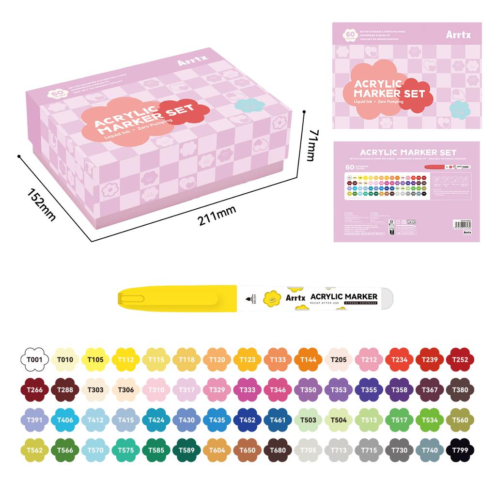 Arrtx 36/60 Colors Cartoon Acrylic Paint Pens Acrylic Markers Soft Brush Tip for Rock Painting Ceramic Glass Wood Plastic Metal