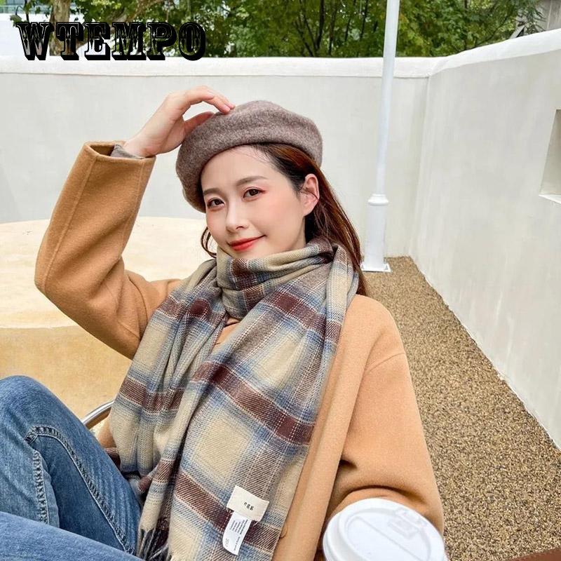 

Зимний шарф из искусственного кашемира, корейский модный клетчатый шарф с бахромой, женский удлиненный толстый шарф двойного назначения