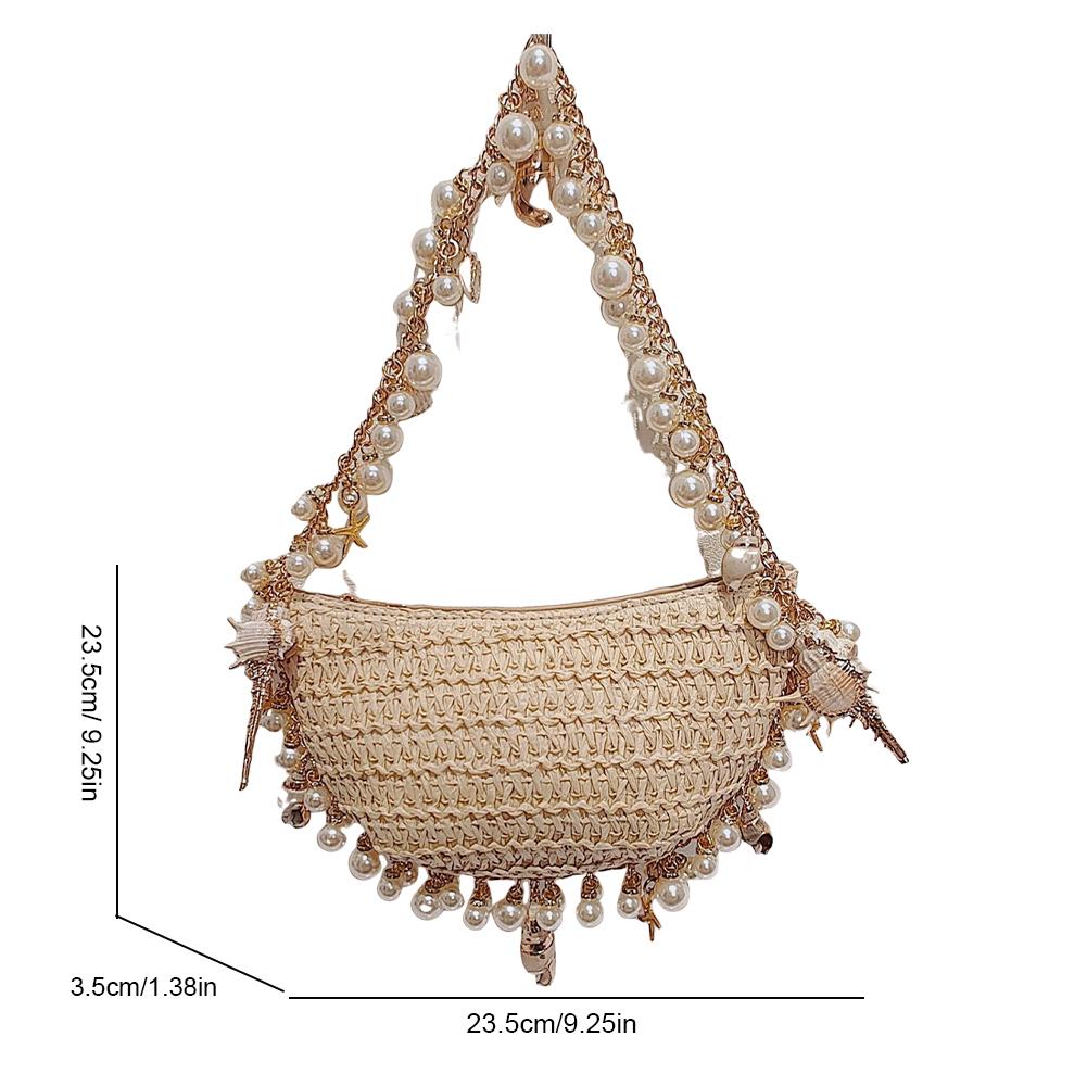 Bohemian Pearls Straw Bag Pearls Shell Hand-Woven Women Handbag Handwoven Conch Starfish Beach Bag Rattan Half Moon Shoulder Bag