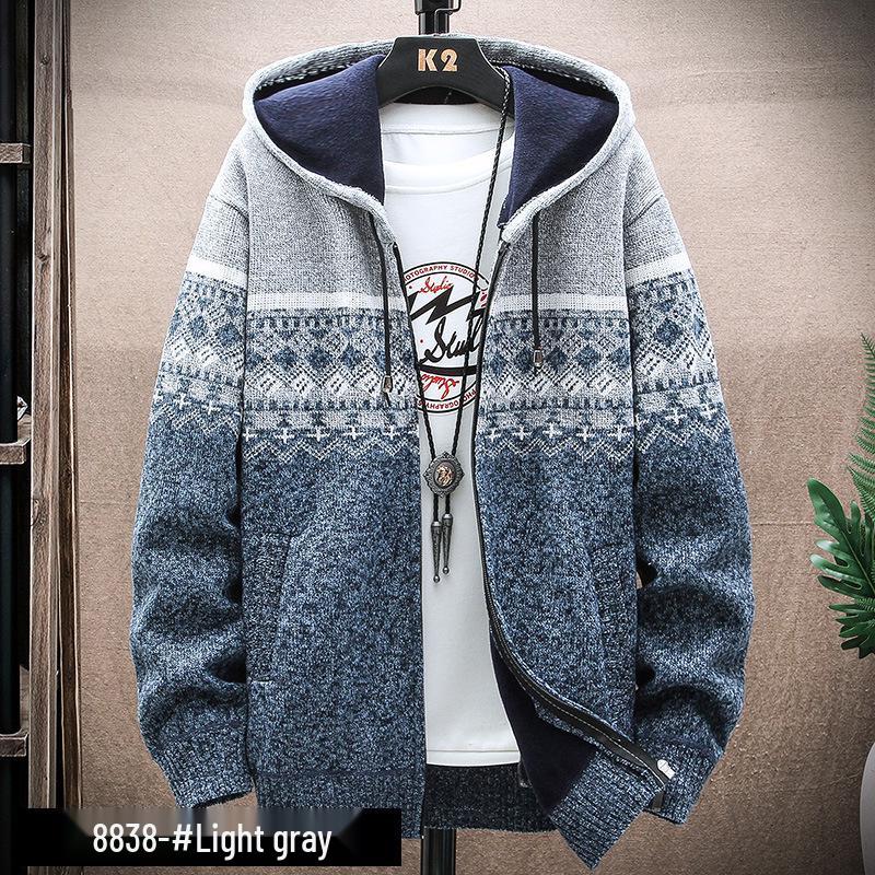 Men's Korean Style Hooded Knitted Sweater Jacket - Color Block, Plus Velvet, Autumn/Winter