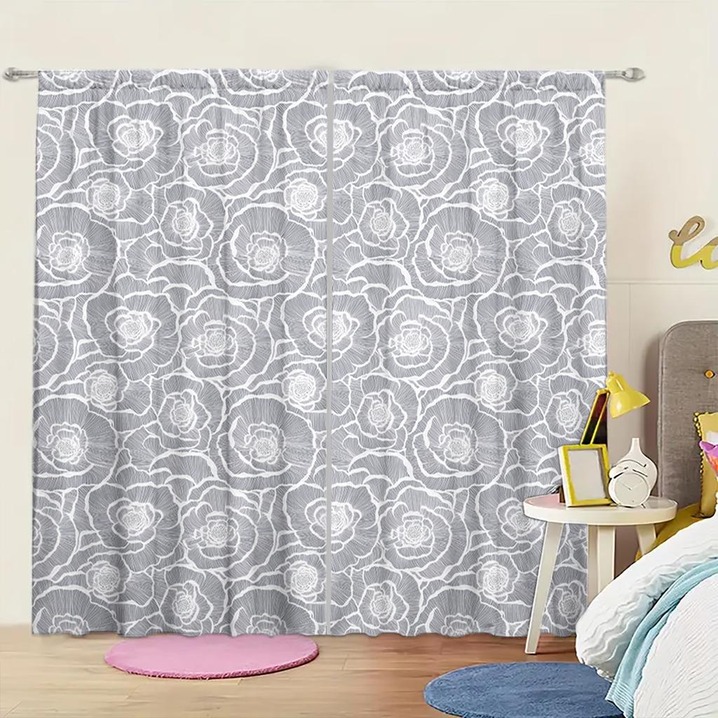 2pcs Grey Rose Pattern Printed Curtain for Home Decor - Rod Pocket Window Treatment for Bedroom, Office, Kitchen, Living Room