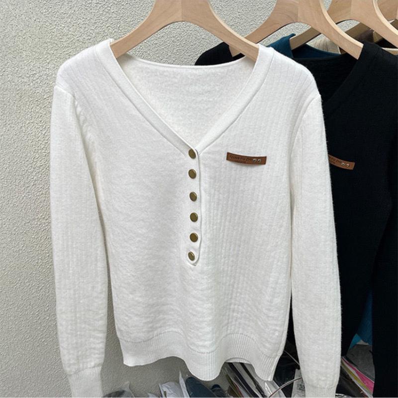 Fashion Plus Velvet Padded Sweater All Match Casual Knit Bottoming Shirt Women Autumn Winter Elegant Slim V-neck Tops