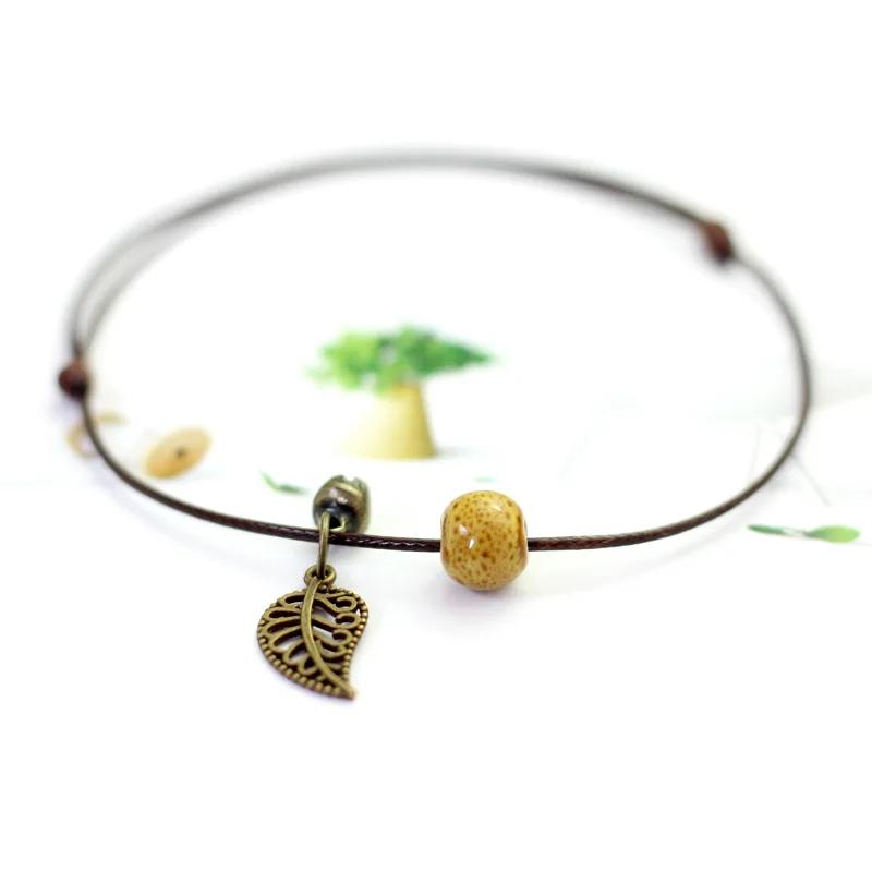 Vintage Leaf Bracelet Small Bell and Colorful Flower Glazed Ceramic Bead Pendant Leather Rope Anklet Women Ethnic Style Pulseras