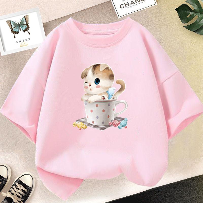 Cotton 100% Cute Cat Drinking Milk Tea Kawaii Clothes Tops Harajuku Funny Cartoon Short Sleeve T-shirt