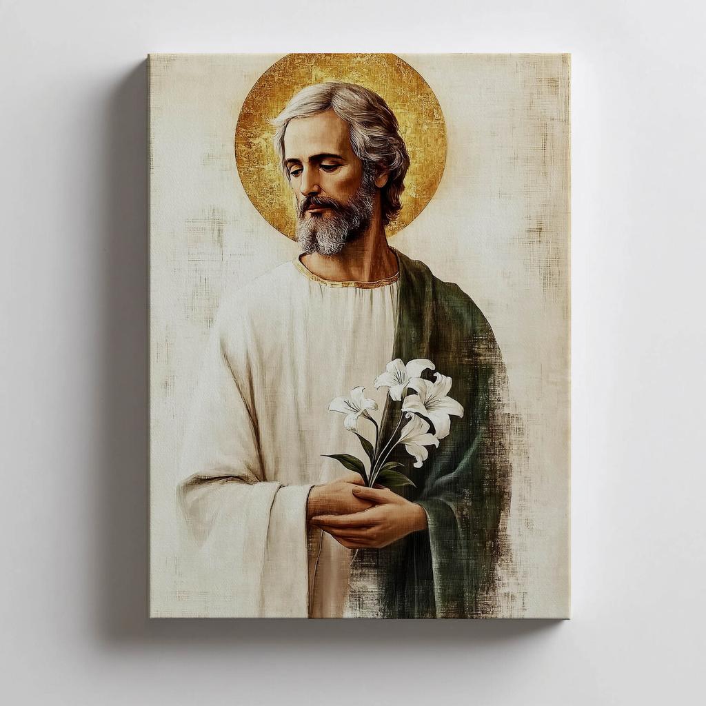 Święty Józef Z Bukietem Lilii Święty Józef Z Bukietem Lilii, 30X40 Cm, Rama Aluminiowa Złota, Papier Matowy 230 Gsm