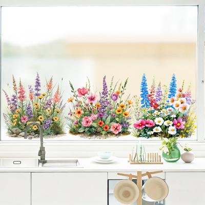 3 Sheets Spring Wildflower Window Clings Colorful Flowers Grass Reusable Static Decals for Home School Office Glass Door Windows