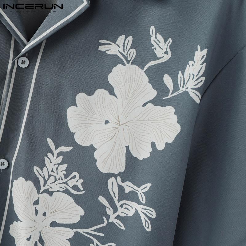 INCERUN Men Lapel Short Sleeve Floral Print Casual Oversized Shirts