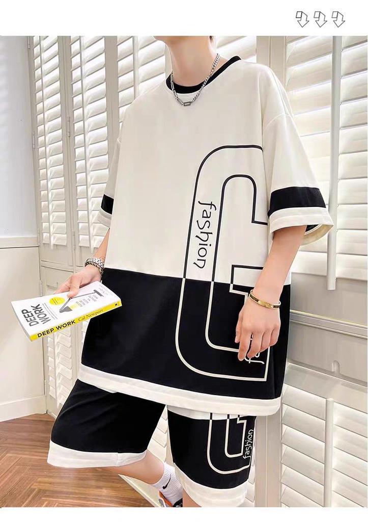 Teen Summer Cool Casual Two-Piece Set: Men’s Trendy Loose Short Sleeve T-Shirt + Shorts