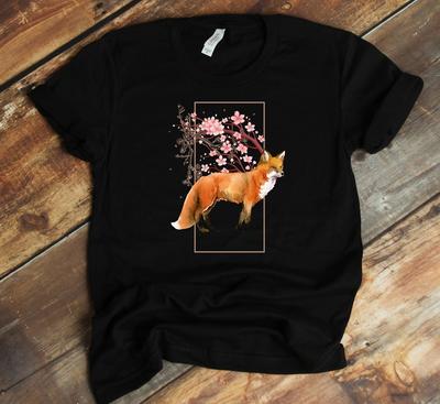 Fox Japanese T-Shirt - Cherry Blossom Shirt - Flower Sakura Kitsune Hanami