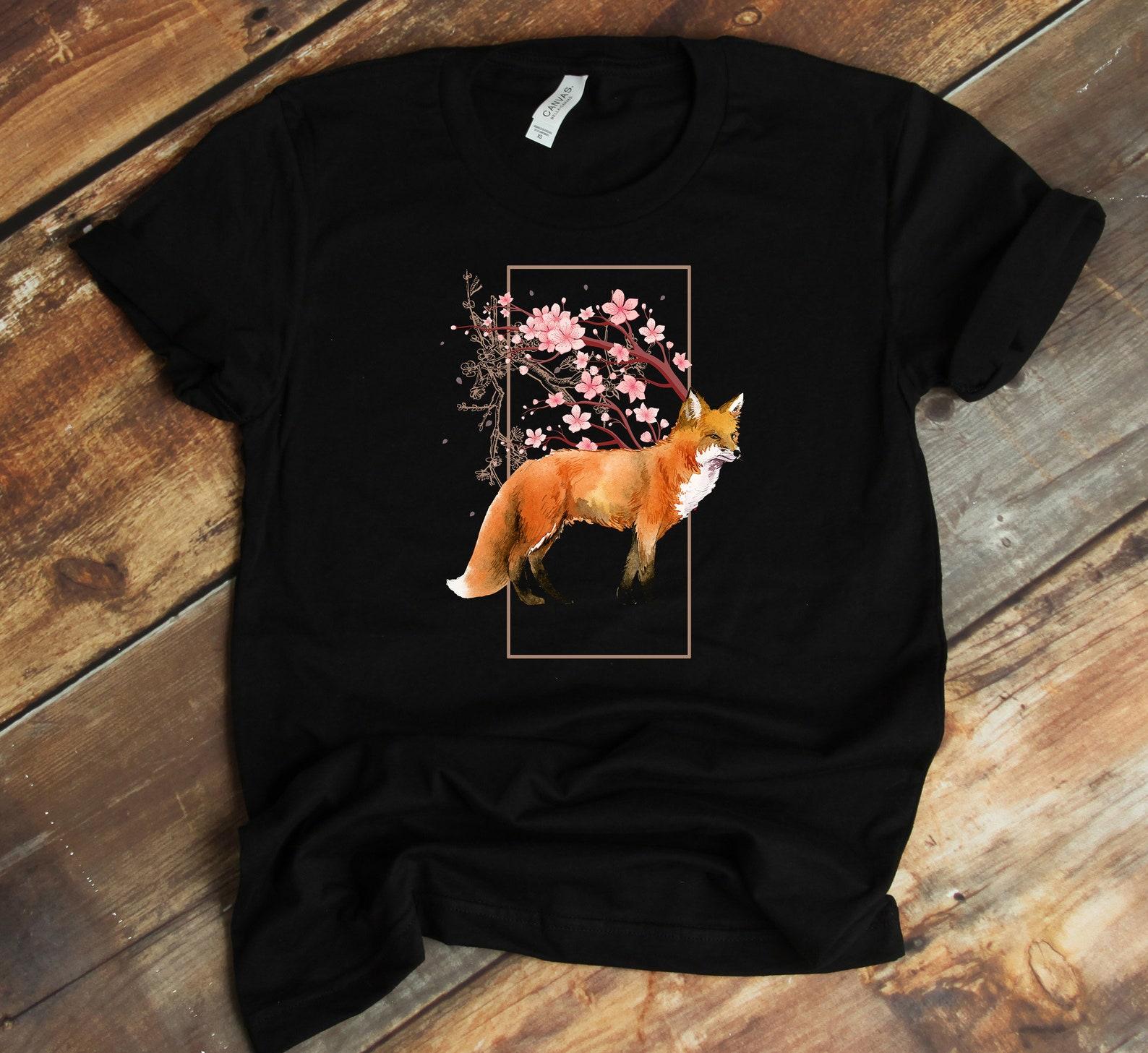 Fox Japanese T-Shirt - Cherry Blossom Shirt - Flower Sakura Kitsune Hanami S