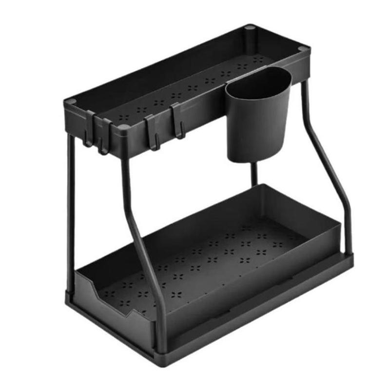 Under Sink Organizers 2 Tier Under Bathroom Cabinet Holder With Hooks & Hanging Cup, Multi-Purpose Storage Shelf For Kitchen