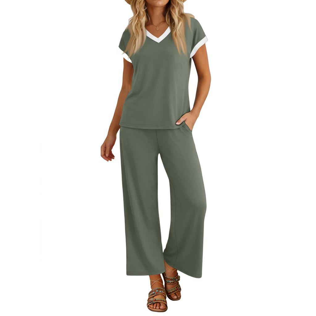 Women Two Piece Set Casual Outfits V Neck Short Sleeve Top Elastic Waist Pants Lounge Wear Set for Travel Relaxed Fit