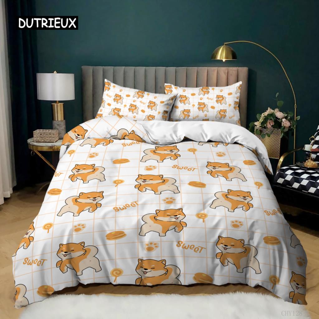 Cartoon Dog Duvet Cover Set Golden Retriever Teddy Bedding Set For Dog Lover Girl Boy Soft Polyester Queen King Size Quilt Cover