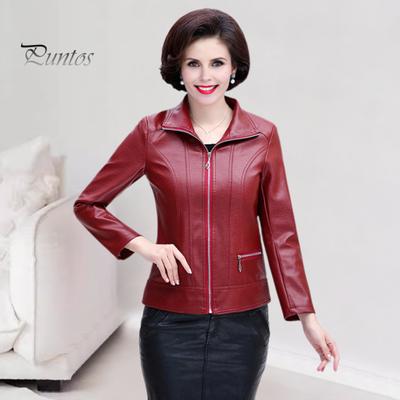 Mid-aged Women Jacket Faux Leather Smooth Surface Turn-down Collar Zip-up Zipper Pockets Long Sleeves Retro Motorcycle Coat Plus Size Travel Outerwear