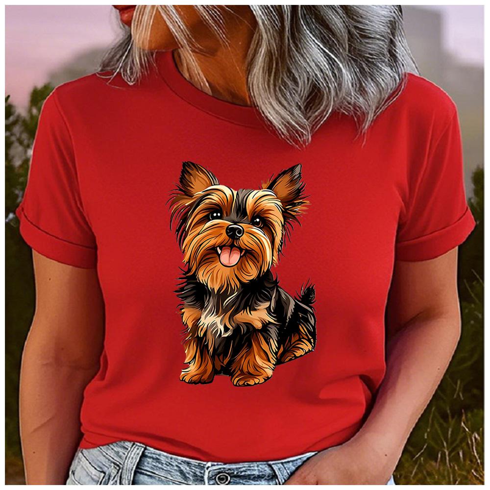 Cotton Cute Smiling Yorkshire Terrier Puppy Print Women T Shirt Fluffy Yorkie Dog Graphic Pet Lover Casual Short Sleeve Tee