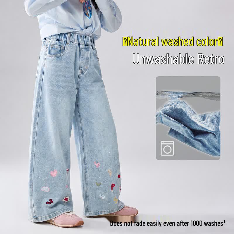 ASK JUNIOR Girls' Retro Washed Embroidered Denim Pants