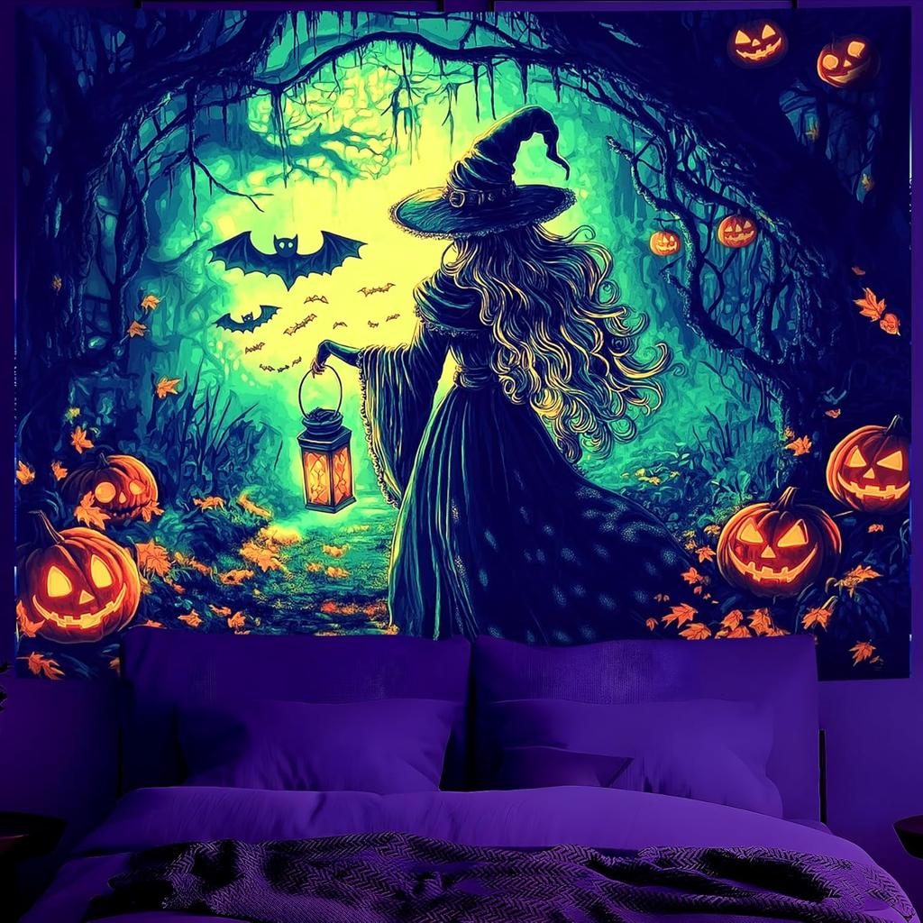 BVBOX Blacklight Halloween TapestryUV Reactive Glow In The Dark Black Light Trippy Tapestry Posters for Living Room, B