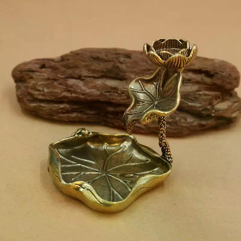 Antique Brass Leaf Backflow Incense Decorations Solid Pure Copper Frog Pond Censer Holder Ornaments Tea Pets