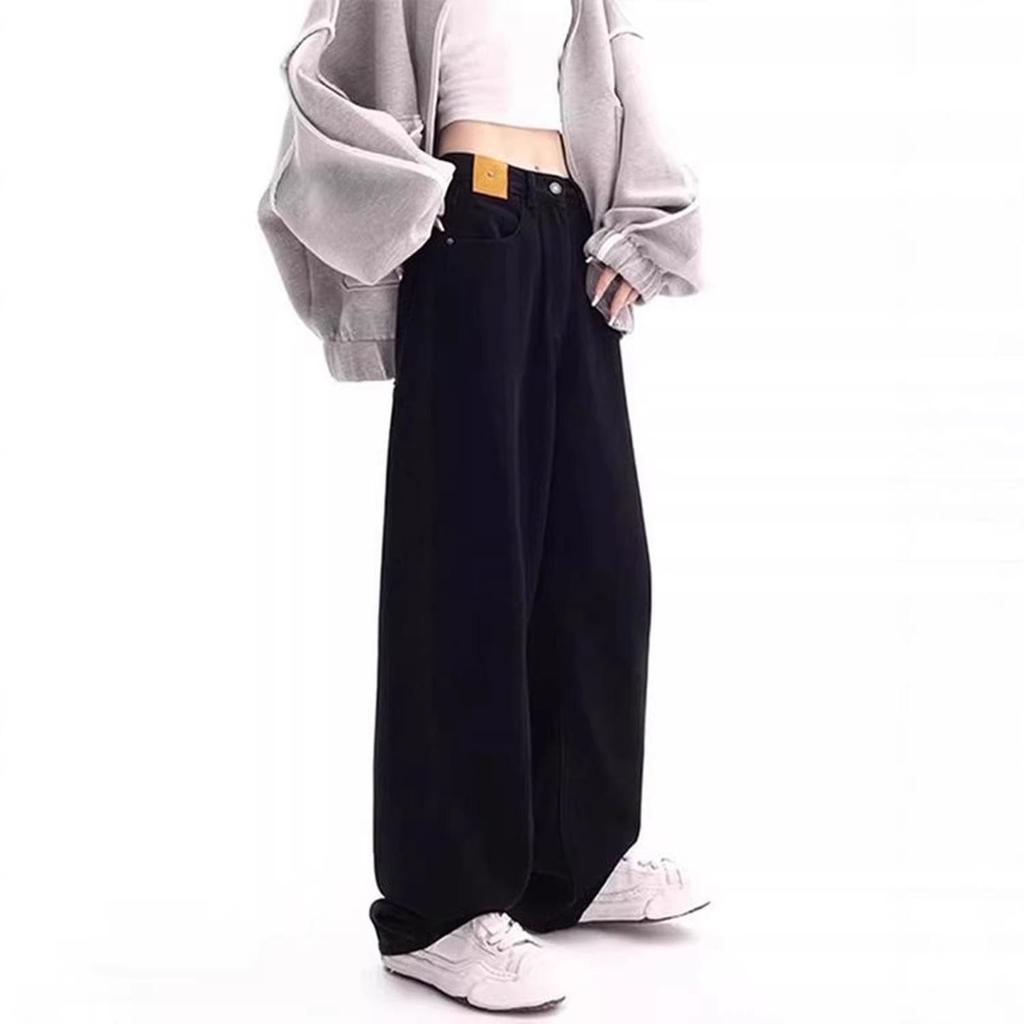 New Autumn/Winter Plus-Size Black Wide-Leg Fleece-Lined Jeans, Loose Slimming Fit for Pear-Shaped Figures.