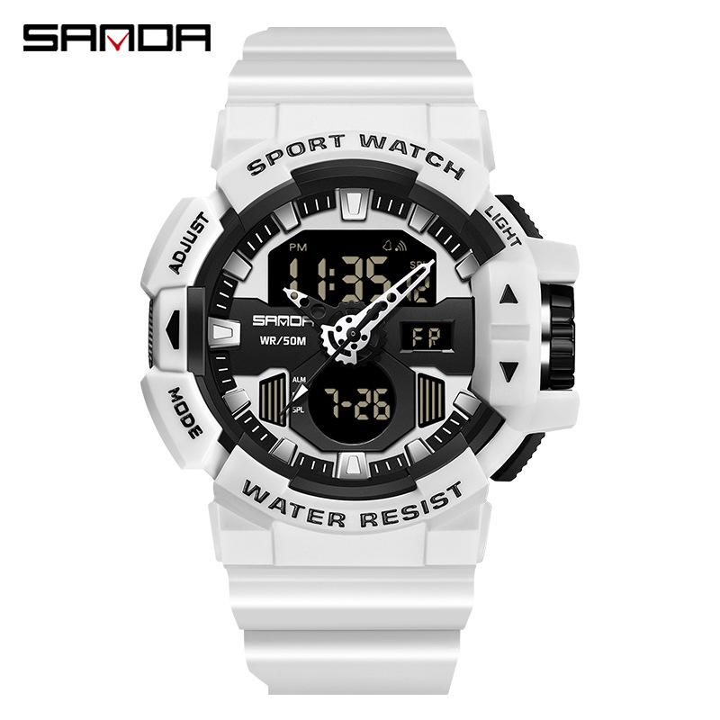 Sanda Men's Dual Display Waterproof Sports Watch: Multifunctional, Luminous, Fashionable, and Versatile for Outdoor Activities.