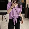Women Casual V-Neck Solid Color Short Sleeve Blouse