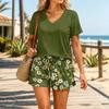 Women Two Piece Set V Neck Short Sleeve Top and Floral Print Drawstring Waist Shorts Casual Lounge Wear