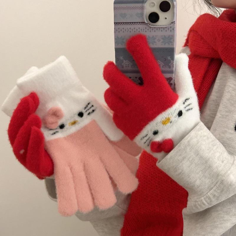 Cute Cartoon Hello Kitty Plush Gloves Student Cycling Winter Warm Five-Finger Gloves  Accessories Holiday Gifts