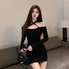 Suspender Neck One-word Shoulder Long-sleeved Dress Spring and Autumn Wear High-end Sexy Pure Desire Black Tight Hip Skirt
