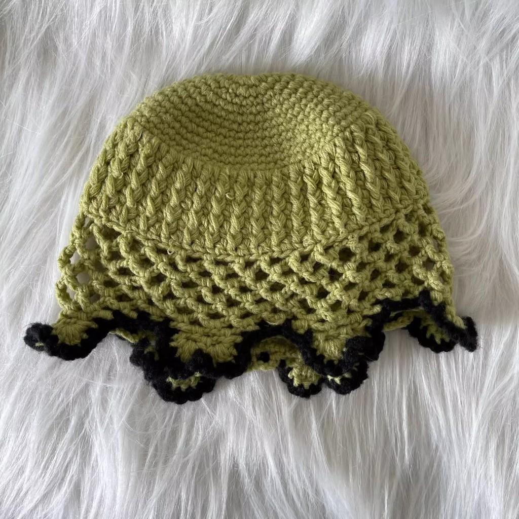 

Sweet And Lovely Pink Knitted Wool Hat Women s Korean Style Sunshade Bucket Hat With Lace Edge For Spring Autumn Summer зелений