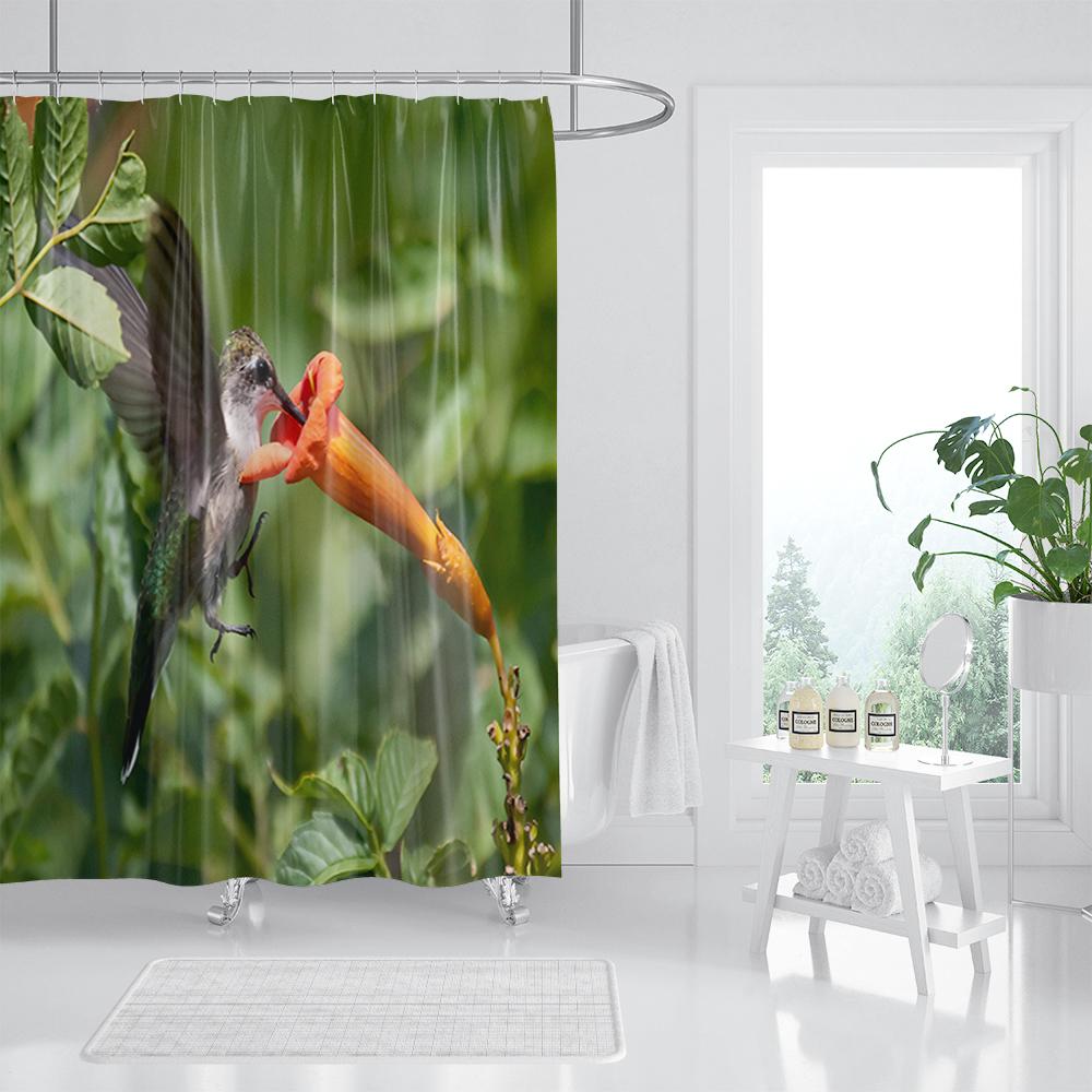Spring Floral Hummingbird Shower Curtain for Bathroom Watercolor Flowers Birds Fabric Bath Curtains Modern Art Decor with Hook