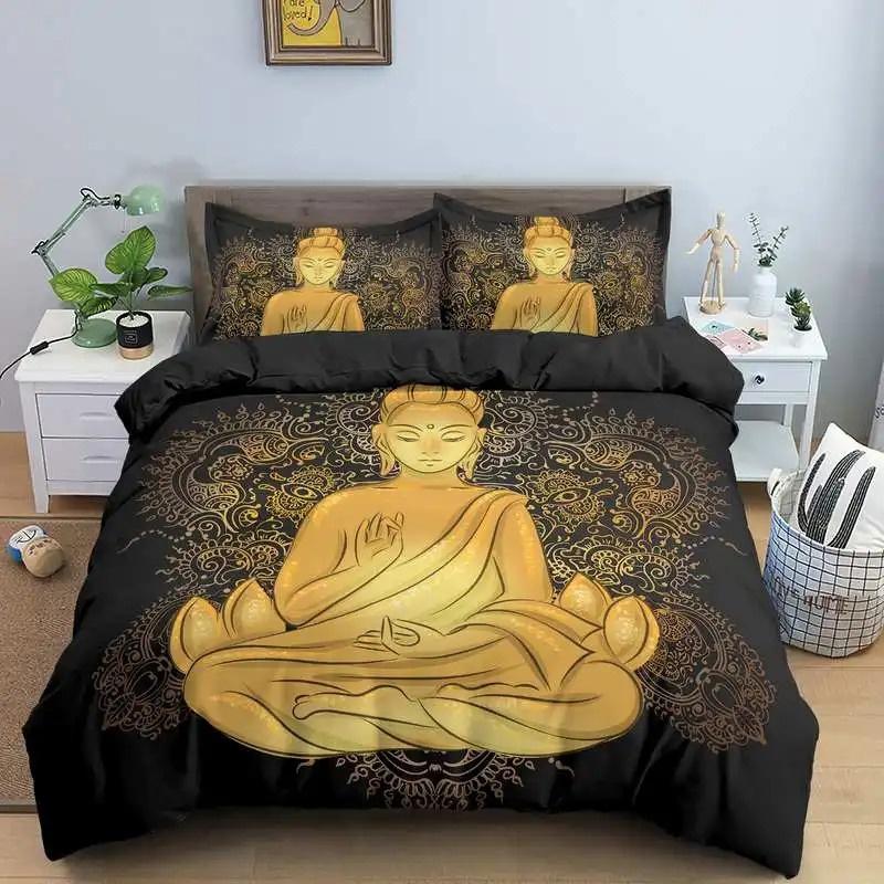 Buddha Bedding Collection Indian Religion Buddhism Meditation Mandala Duvet Cover Smile Buddha Floral Soft Quilt Cover Queen King Size