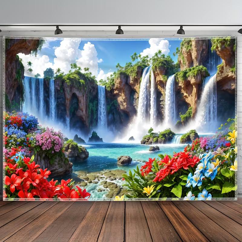 Bright Waterfall Nature Tapestry Wall Hanging, Colorful Floral Tropical Tapestry for Bedroom Living Room