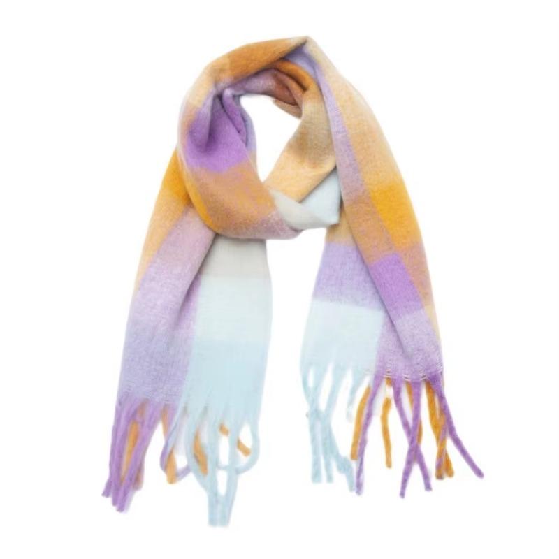 Winter Yarn Thicken Style Luxury Multicolour Plaid Faux Mohair Scarf Women Tassel Long Ring