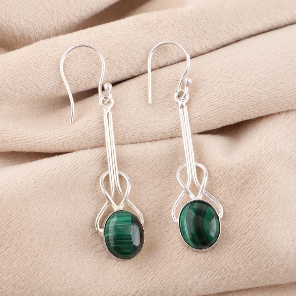Natural Malachite Gemstone 925 Sterling Silver Jewelry Handmade Earrings 1.76" EE-171-24