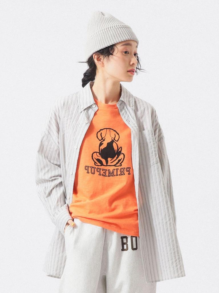 [BEAMS BOY] Long-Sleeve Dobby Stripe Big BD Shirt for Women, Grey, Free Size