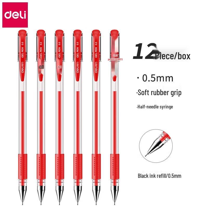 Deli 6601 Gel Pen 0.5mm Red (12-pack)