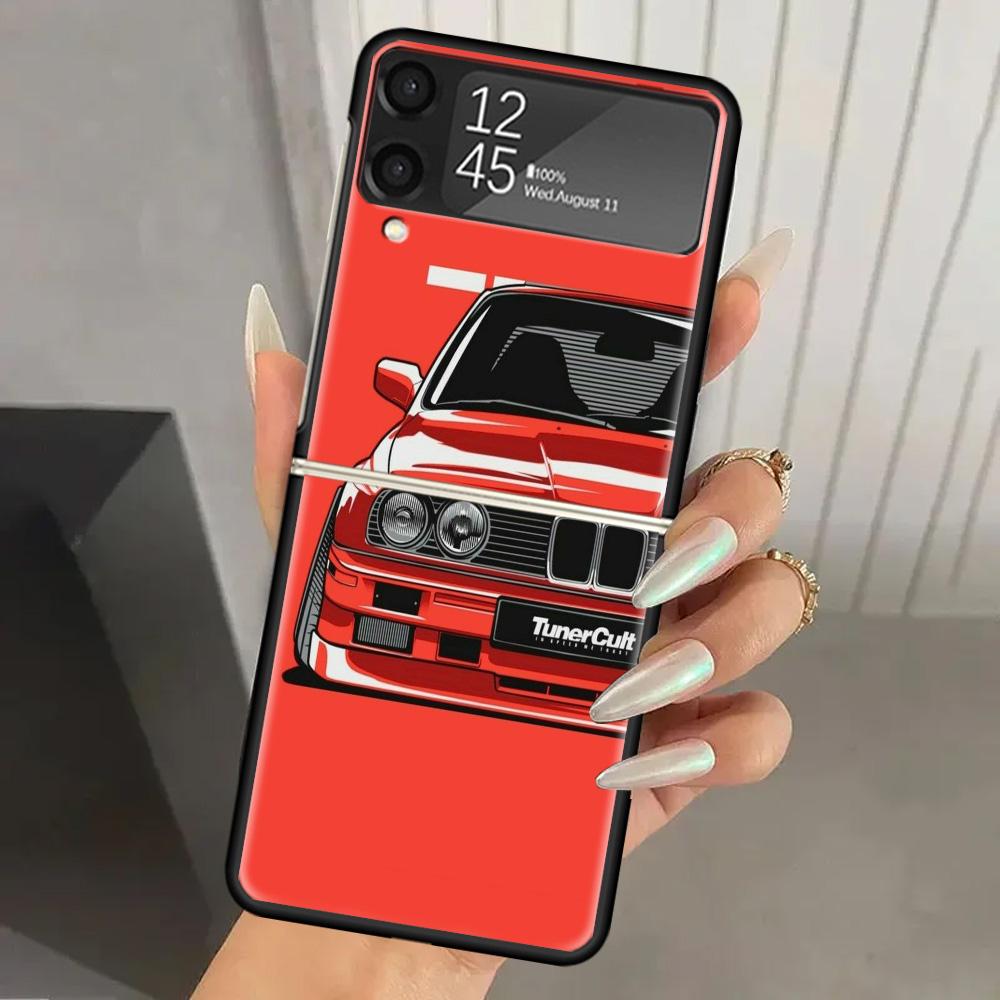 Japan JDM Sports Cars Comic Hard PC Phone Case For Samsung Galaxy Z Flip 7 6 5 4 3 Black ZFlip7 ZFlip6 Flip5 Flip4 Flip3 5G Prin