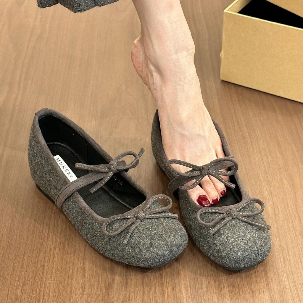 Gray's sweet girl retro woolen round head bow Mary Jane shoes women's autumn height-increasing short boots