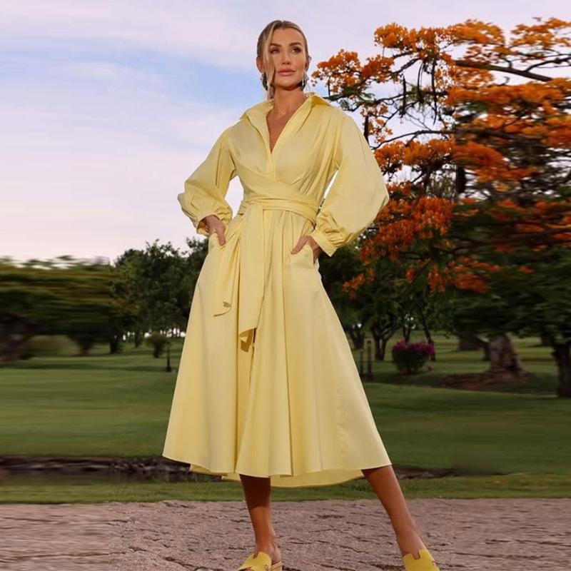 Women's Shirt Dress Turndown Collar Long Sleeve Waist Cinching Casual Temperamen Dress Commute Solid Color Slim Long Shirt 2025 Summer