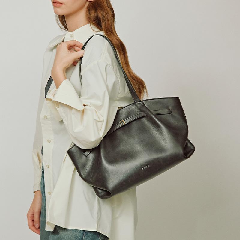New LA FESTIN Top Grain Cow Leather Handbag, Shoulder Bag, Underarm Tote Large Women's Cardamom Brown/Coconut/Raven Black 622381