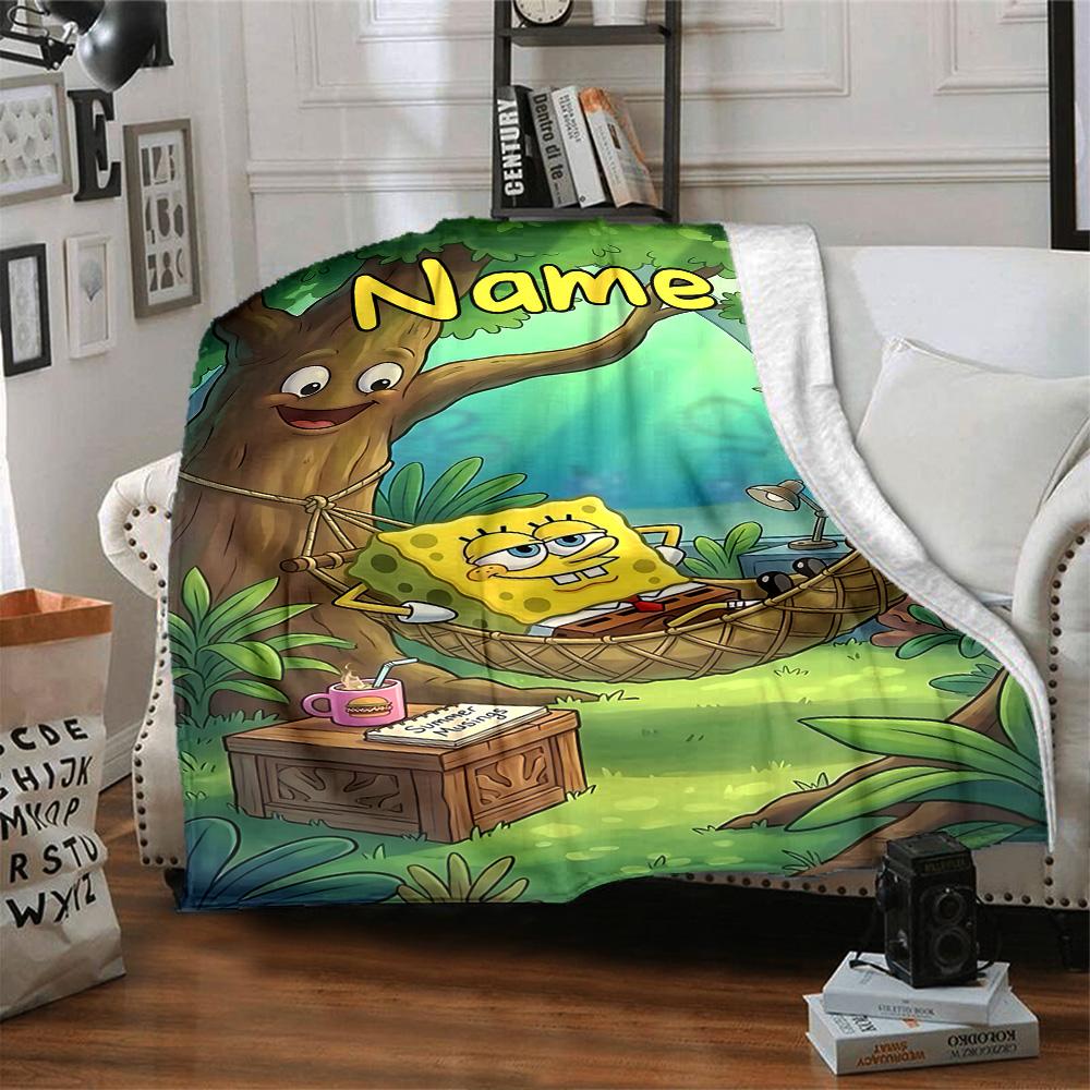 Custom Name Spongebob Forest flannel Blanket for Super Soft Cute Comfort Blanket for Travel Bedding Couch Sofa Blanket