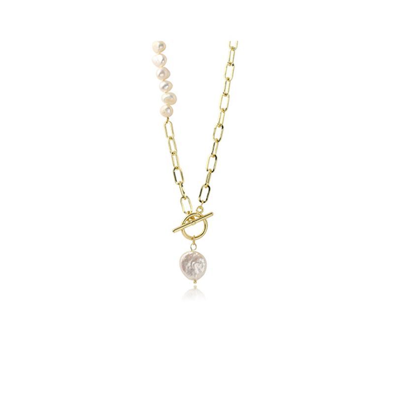 Baroque-shaped freshwater pearl disc necklace for women, featuring a metal chain and irregular pearl accents OT Clavicle chain