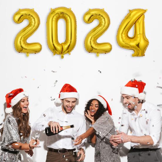 32 Inch 2024 New Year Balloons Set Letter Print Golden Starburst 2024 Number Balloons Party Decorations Set Party Supplies