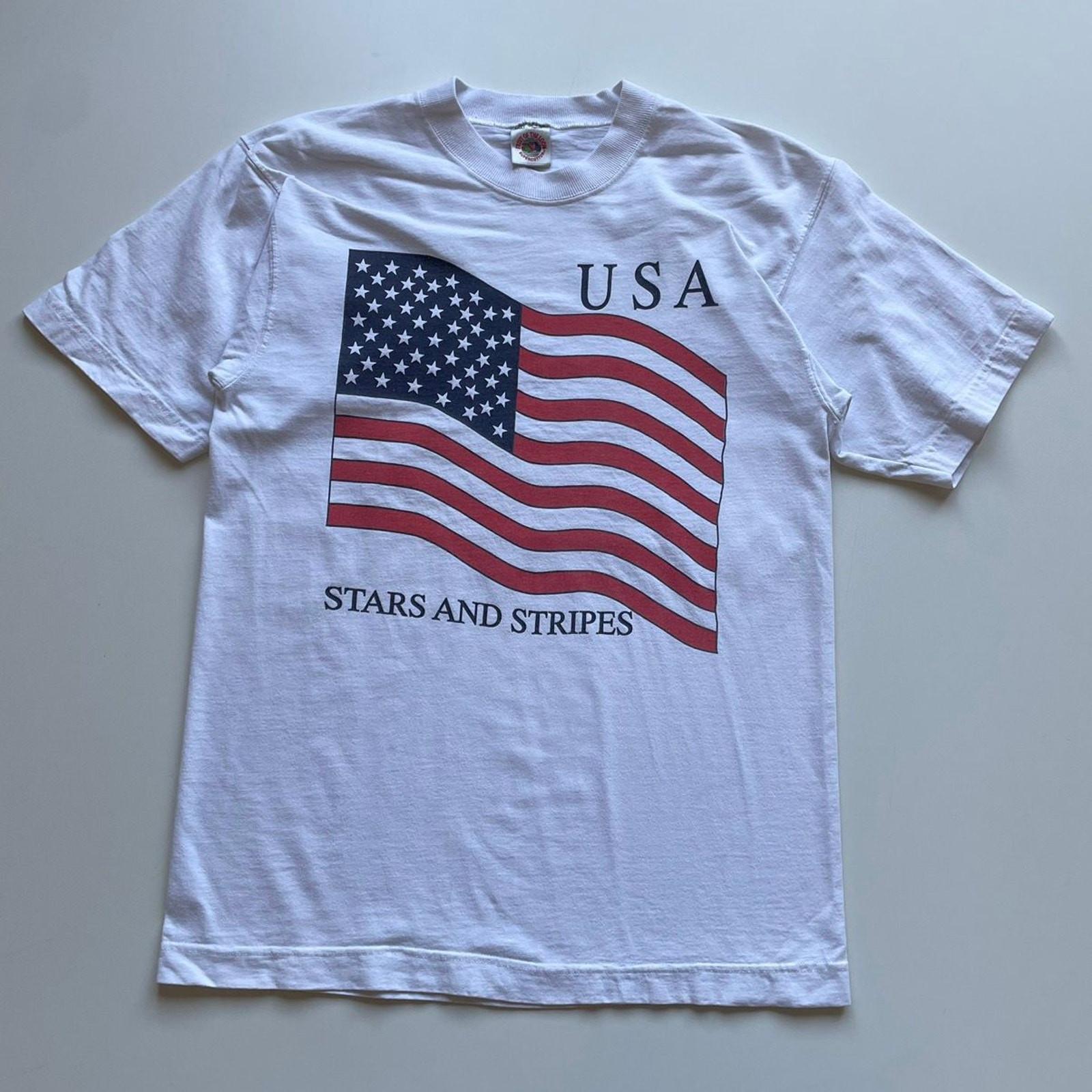 Vintage 90s USA Stars And Stripes USA Flag Art Graphic T Shirt Medium White Unisex T-Shirt L